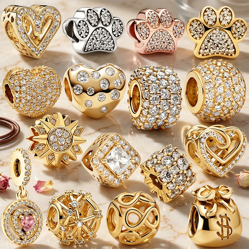 New DIY Sparkling Money bag,Heart,Infinity Gold Series Charm Heart Bead Pendant Fit Original Snake Bone Trinket Jewelry FineGift