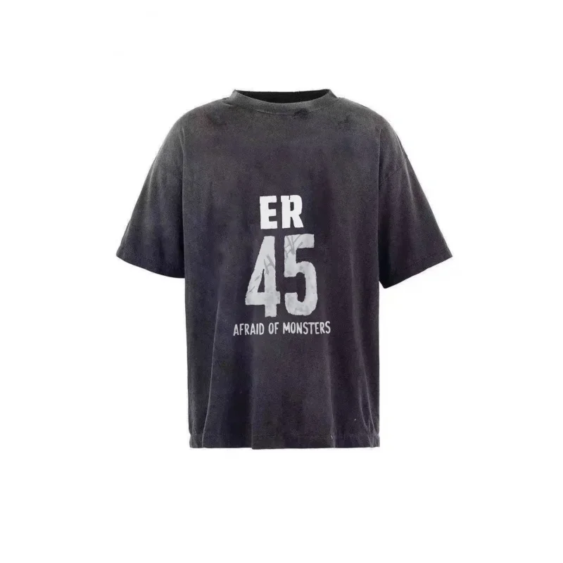 تي شيرت رجالي مغسول أسود ER 45 خائف من الوحوش نمط مطبوع جودة عالية 100% قطن 230 جرام