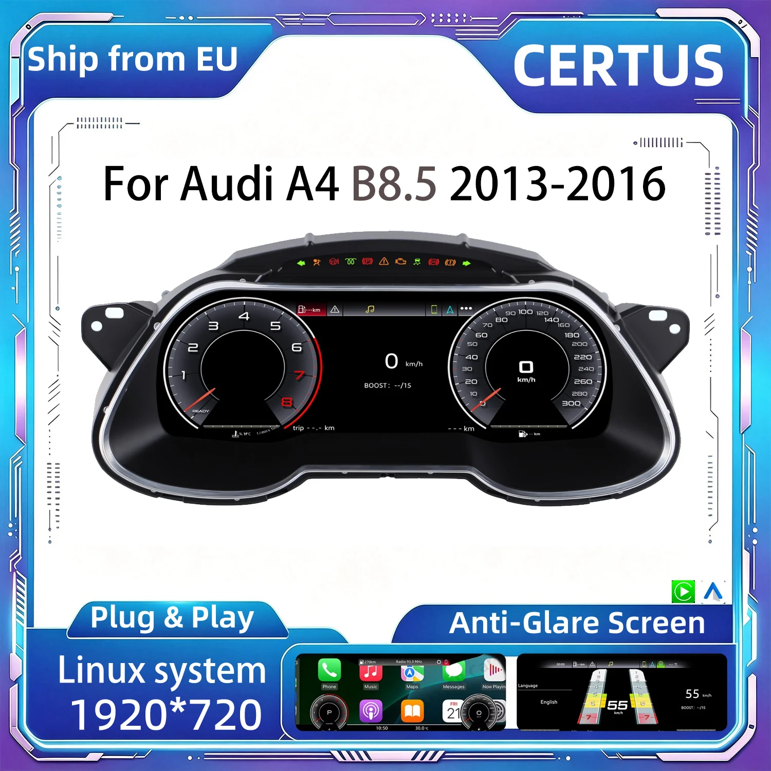 Digital Cluster Screen Dashboard Compatible with Audi A4 B8 2013-2016 Carplay Android Auto Speedometer Instrument Upgrade Lcd Panel