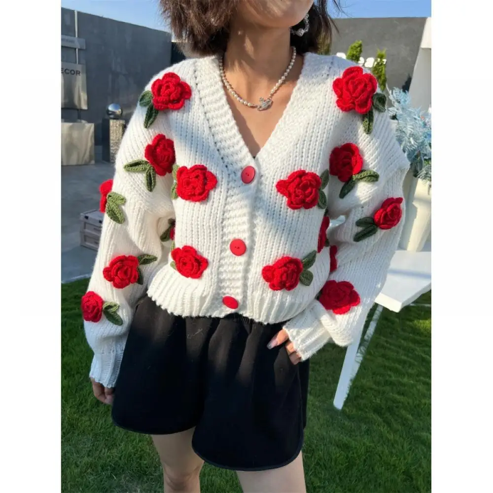 Fashion Sweet White Stick Needle Sweater Coarse Knitted Cardigans 3D Rose Blossom Contrast Loose Short Knitwaer Coat