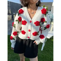 Fashion Sweet White Stick Needle Sweater Coarse Knitted Cardigans 3D Rose Blossom Contrast Loose Short Knitwaer Coat