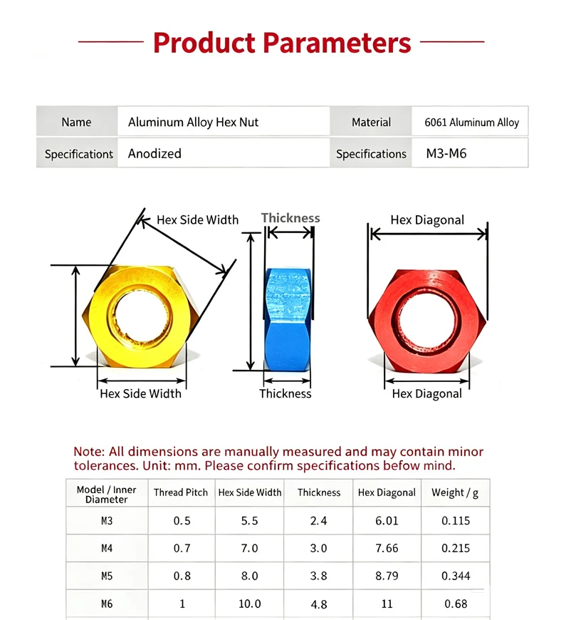 Anodized Colorful Aluminum Hex Nuts M3 M4 M5 M6, CNC Machined Lightweight Lock Hexagon Nuts for RC Model&DIY Projects
