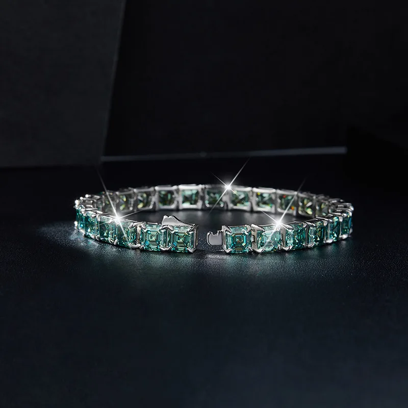 S925 Sterling Silver Gold-Plated Hip-Hop Trendy Style 5.5mm Blue-Green Asscher Cut Moissanite Bracelet Custom Jewelry