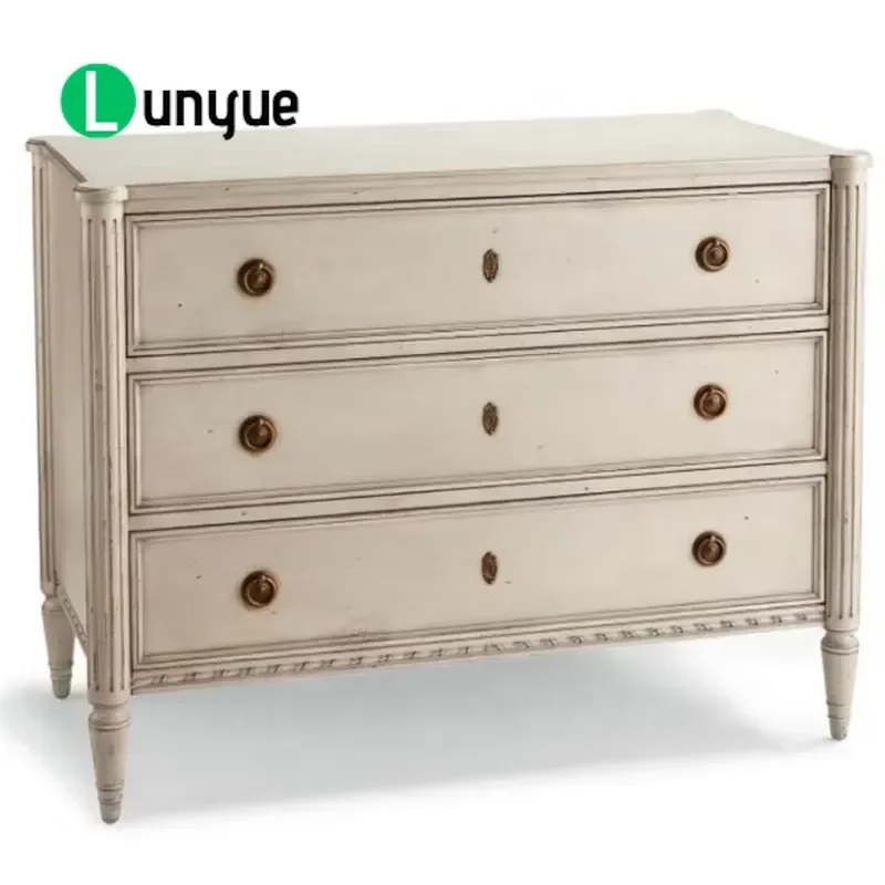 Antique 3 Drawer Chest of Dresser French Country Vintage Bedroom Storage Cabinet with Lock Rustic Wood Furniture for Home