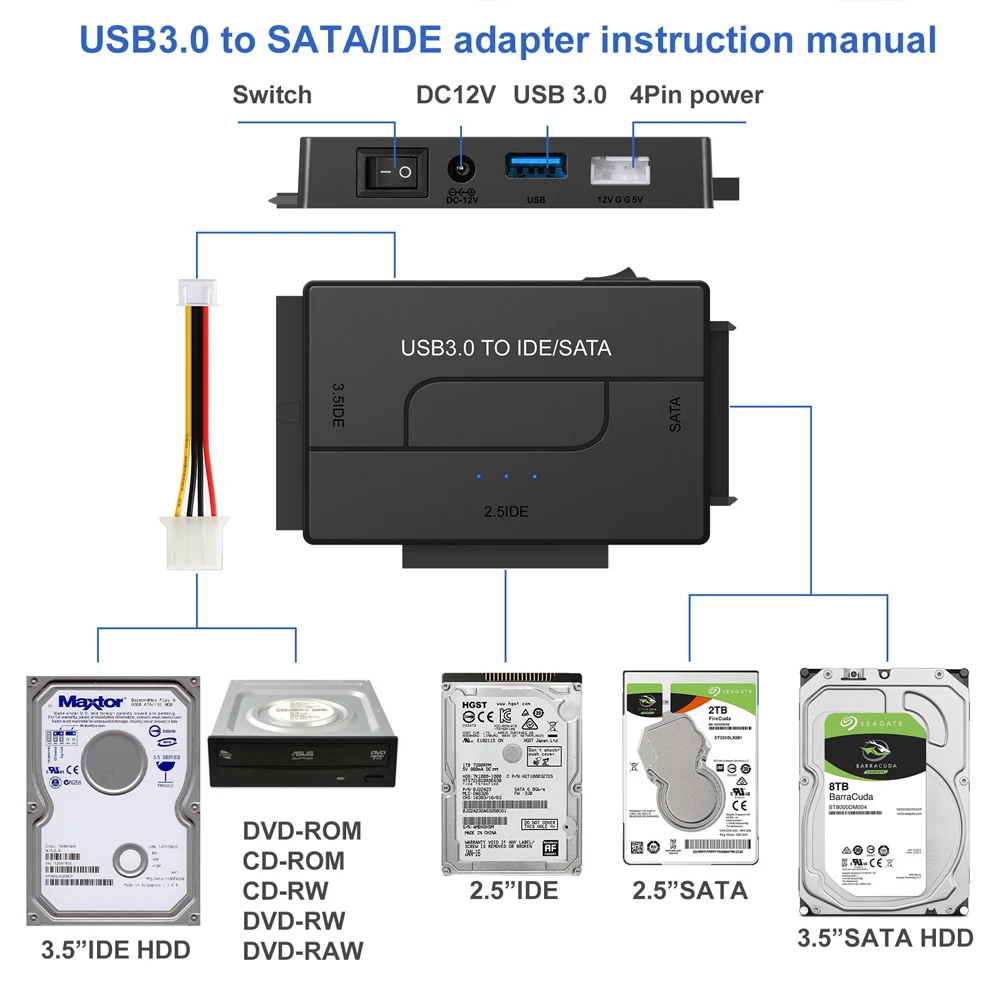 USB 3.0 to SATA IDE Three Way Adapter Cable SATA to USB Adapter Support External SSD HDD cConverter Cable USB 3.0 Hard Drive 1M