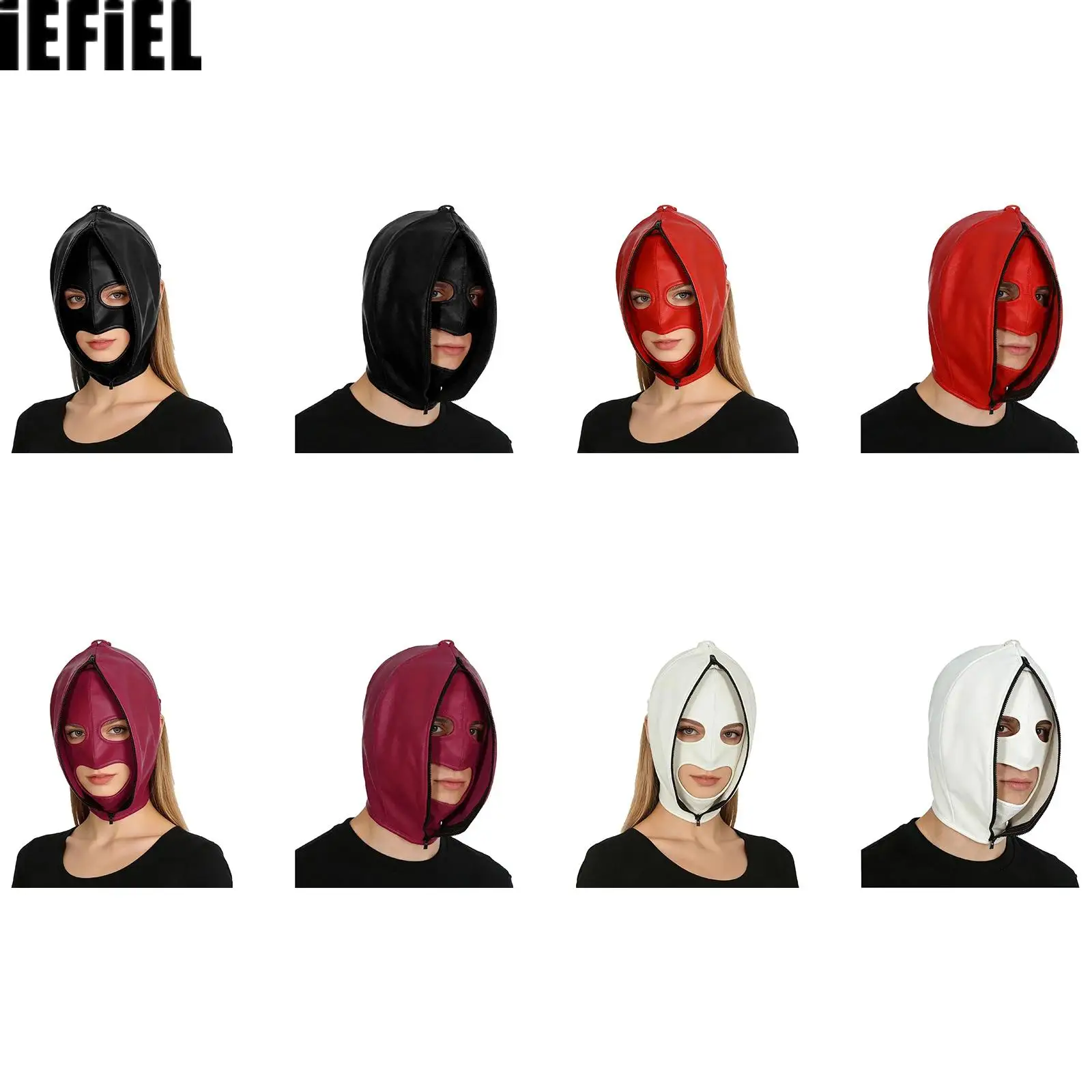

Double Layer Headgear Masks Full Face Zipper Restraint Head Hood Back Adjustable Lace-Up Design Leather Bondage Masks