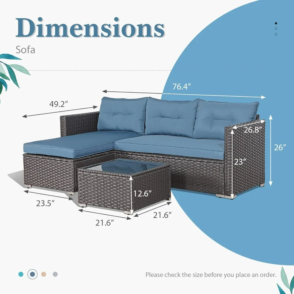 Juego de muebles de Patio, sofá de salón de mimbre con mesa de centro de vidrio, juego de sofá seccional para todo tipo de clima, juego de sofá de