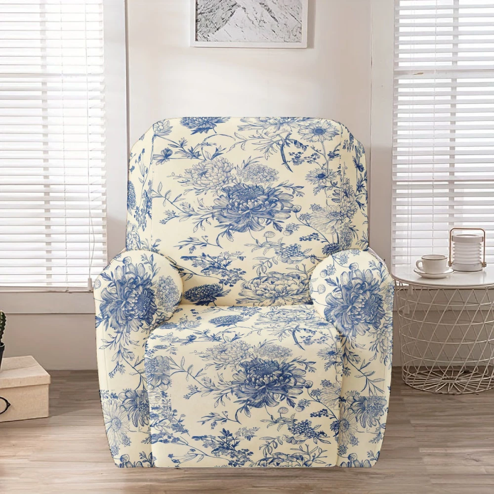 Blue Porcelain Blue Peony Flower Printed Elastic Lounge Chair Cover, Detachable and Washable Protective Cover, Easy to Install