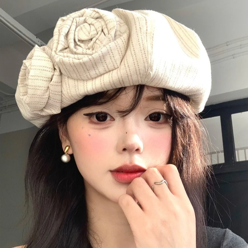 Korean Striped Three-dimensional Flower Beret Summer and Autumn Street Big Head Literary and Versatile Newsboy Painter Hat Women