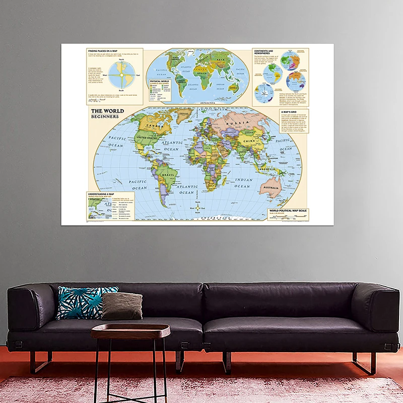 Grote Maat Wereld Fysieke Kaart Met Gedetailleerde Label Van De Aarde Non-woven Map Wall Decor Art Foto School onderwijs Levert