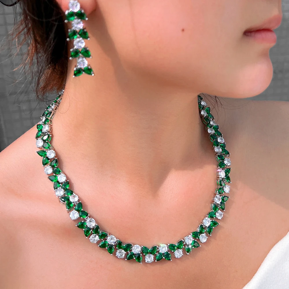 BeaQueen Luxury Green Round and Teardro CZ Stone Necklace Earrings 2pcs Sets for Women Bridal Wedding Party Dress Jewelry T0981