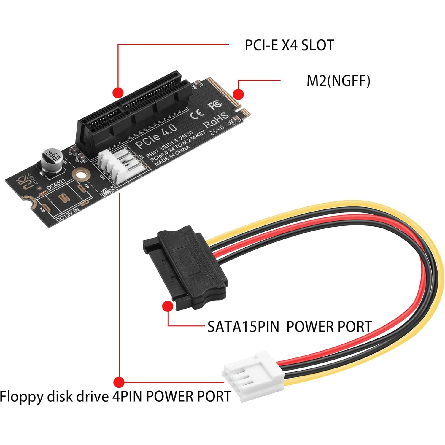 PCIe 4.0 X4 Slot Expander - M.2 NGFF to PCI-Express Adapter for Motherboards with Limited PCIe Slots, SATA 15Pin Power