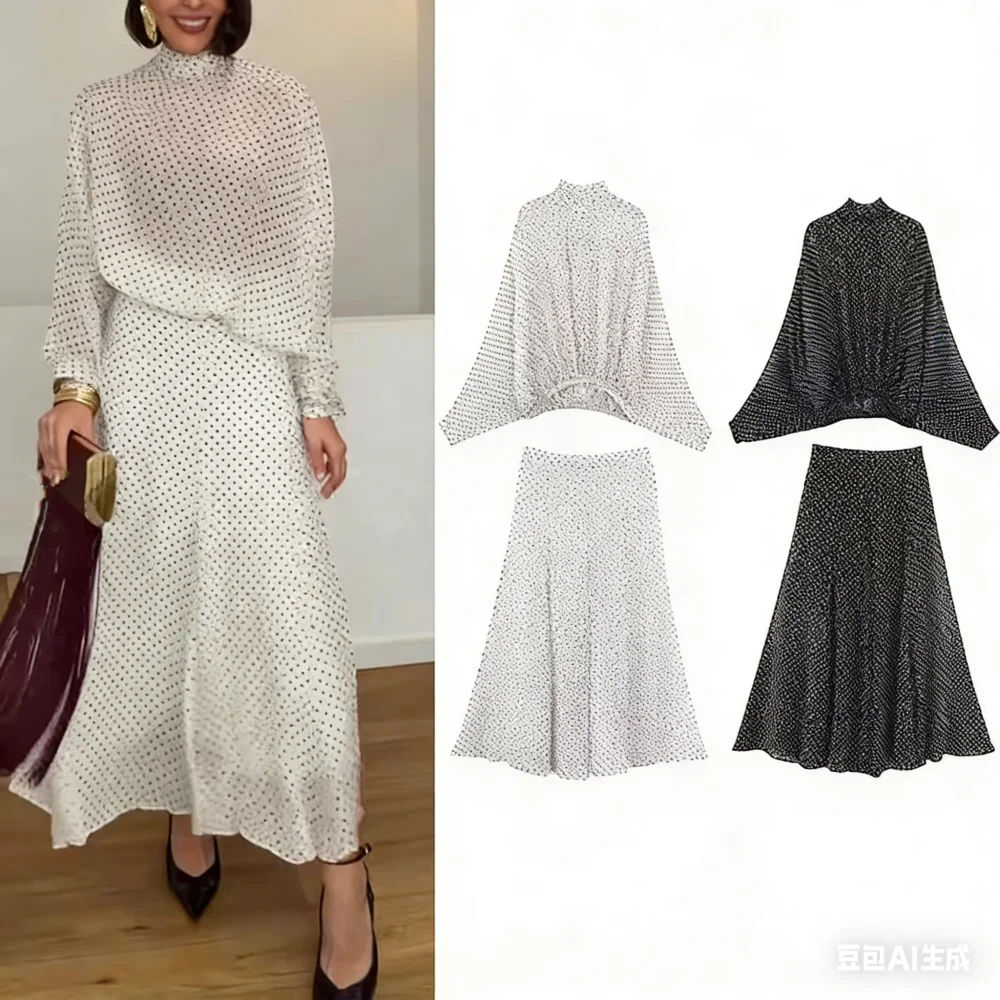 Vintage Polka Dot Women Sets White Bow Tie See Though Loose Blouses+Loose Long Skirts 2 Piece Set Summer Women Holiday Outfits