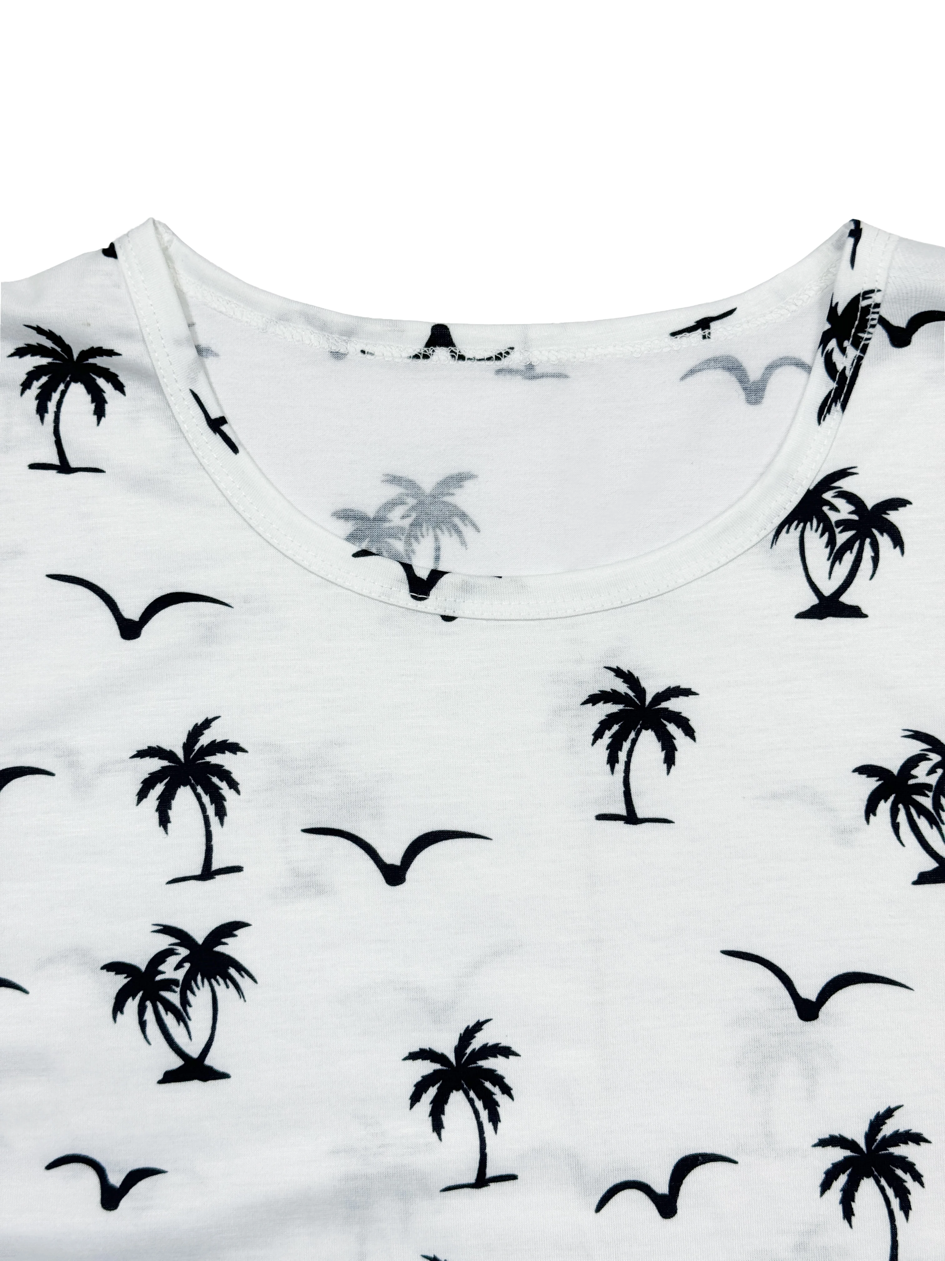 Men\'s casual pajamas home clothing coconut tree and seagull printed short sleeved shorts two-piece set for men\'s clothing