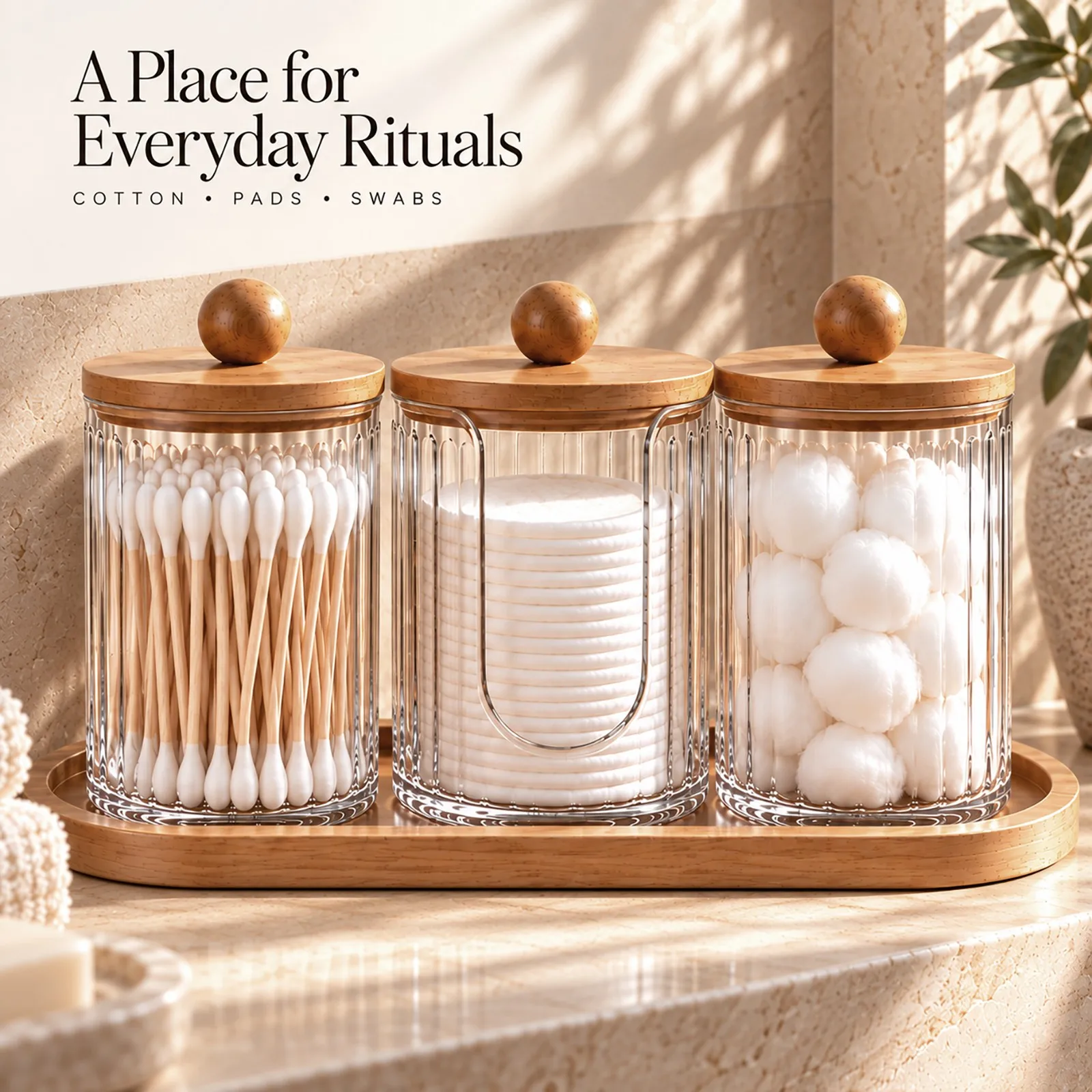 Bamboo Bathroom Countertop Organizer Set with Clear Cotton Jars Tray for Swabs Cotton Rounds Cotton Balls and Vanity Decor