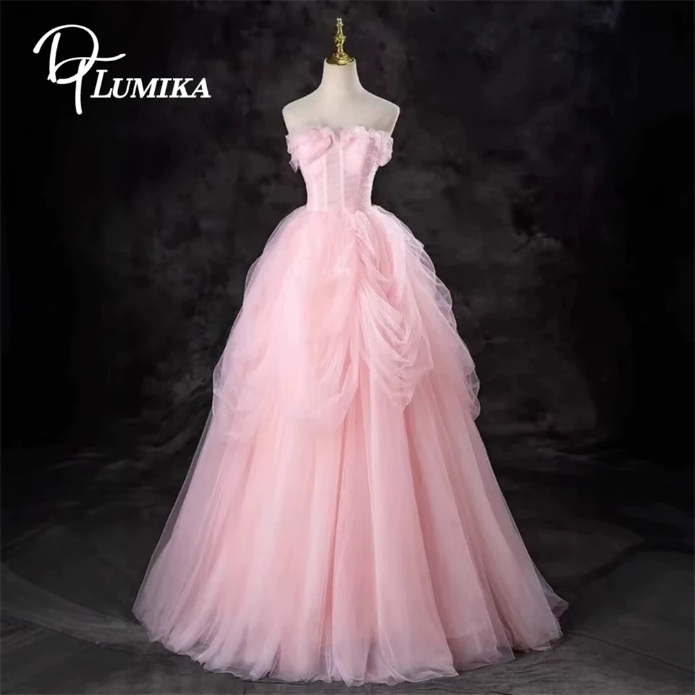DTLumika Vestido de fiesta de princesa fruncido para mujer, vestidos de noche largos sin tirantes de tul, vestidos dulces 15 16 vestidos de fiesta quinceañera