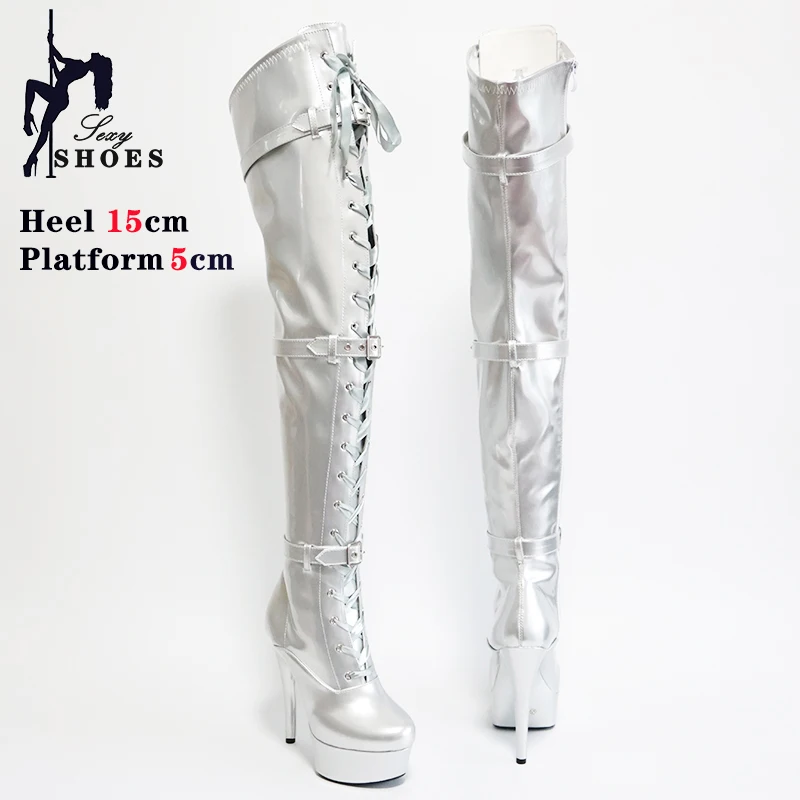 

2024 Sliver Belt Buckle Long Boots for Women Gothic Strappy Zip High Shoes Over-the-Knee 6 Inch Gothic Pole Dancing Thigh Boots