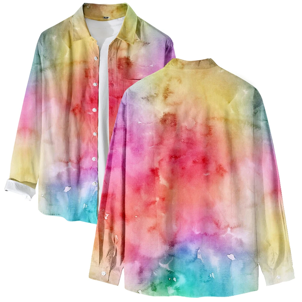 

Tie Dye Color Pattern Long Sleeve Shirts V-Neck Turn-down Collar Button Shirt Casual Style Tops