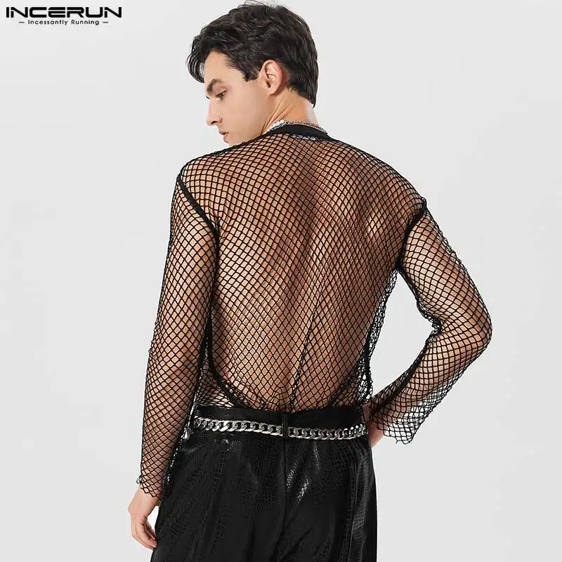 2023 Men T Shirt Mesh Patchwork Transparent O-neck Long Sleeve Tee Tops Streetwear Sexy Fashion Party Camisetas S-5XL INCERUN