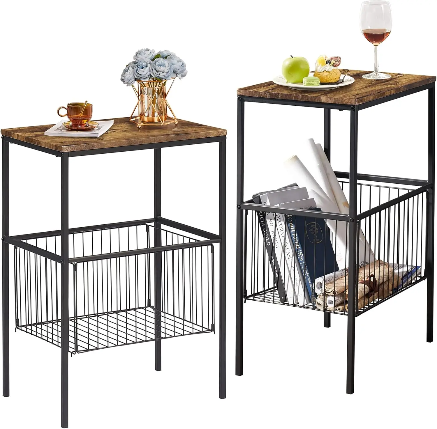 

2 Sets Tall End Table with Metal Basket,Nightstand with Shelf Storage Organizer, Wood Night Stand with Metal Frame, Waterproo