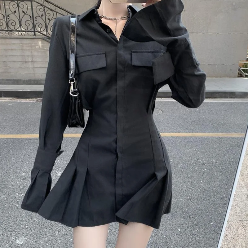 Abito camicia nera Y2K abito donna elegante Vintage manica lunga abito gotico Sexy con colletto rovesciato abito plissettato Casual Streetwear Robe