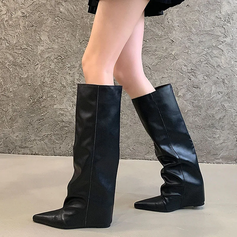 

Knee High Women High Boots Pointed Toe Wedges Boots Outdoors Goth Chelsea Boot Women Straight Long Boot Fashion Winter
