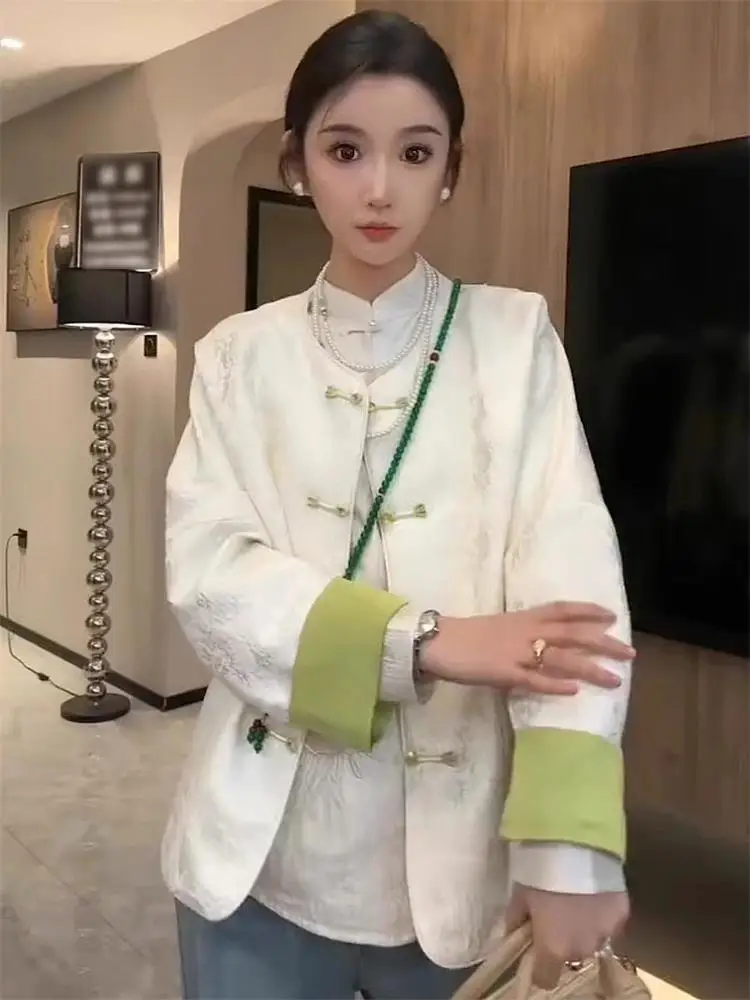 

New Chinese Style Short Jacket Women's Spring New Large Size Fashionable Slimming Suit Top round Neck Long Sleeve Casual Wear