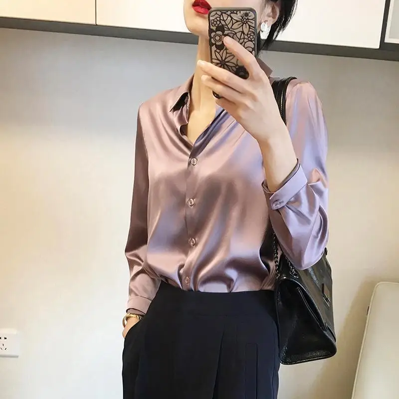 Fashion Lapel Button Solid Color Satin Shirt Women Clothing 2023 Spring New Loose Commute Tops All-match Casual Blouse