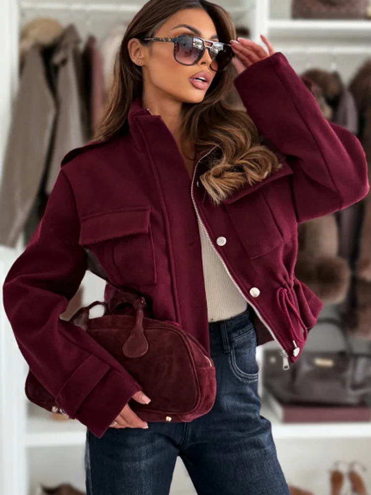 Elegant Long Sleeve Zipper Slim Fit Drawstring Women Jackets Winter Casual Loose Office Short Coat New Fashion Autumn Outwear