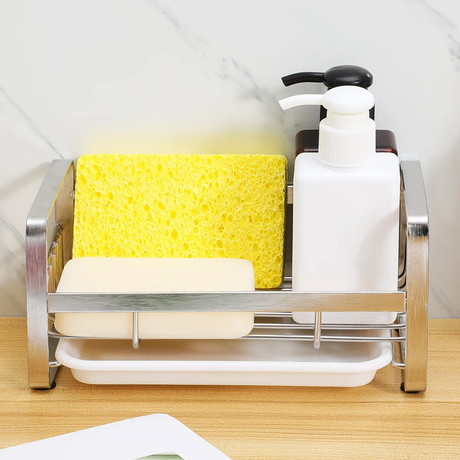 الفولاذ المقاوم للصدأ الإسفنج حامل بالوعة المطبخ المنظم لا الحفر تصميم بالوعة الإسفنج سلة استنزاف صينية طبق فرشاة رف المطبخ