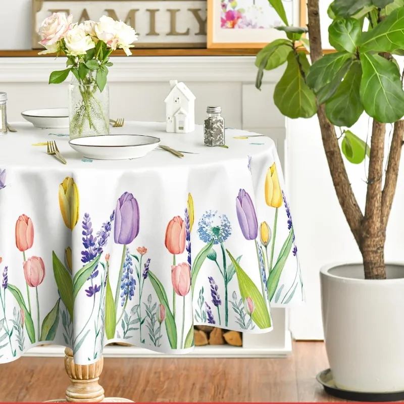 

Hot Selling Watercolor Wildflower Tablecloth Picnic Decoration Tablecloth Home Tulip Lavender Blooming Flowers Round Tablecloth