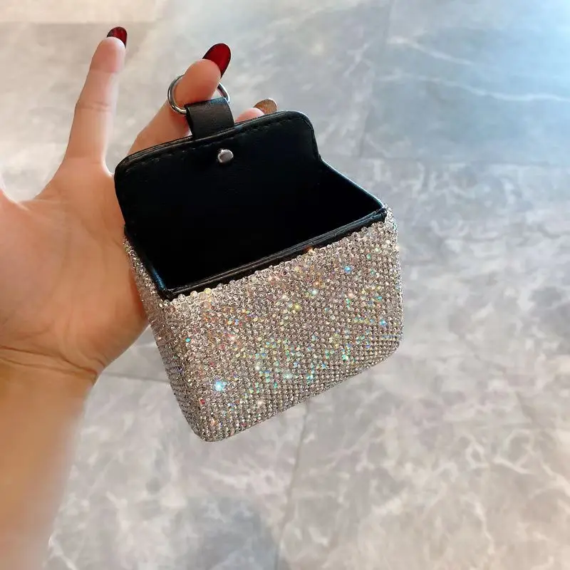 Car Air Outlet Storage Pocket Mobile Phone Hanging Bag with Rhinestones PU Leather Car Sundries Storage Bucket Supplies Holder