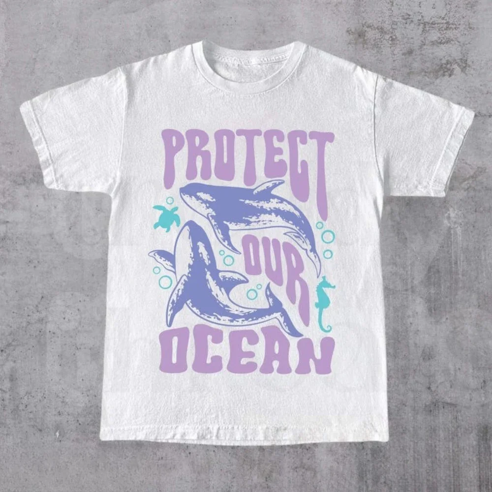 Protect The Ocean Whale 90s T-Shirt Retro Ocean Nature Graphic T Shirts Man Woman Cotton Loose Streetwear O-neck Short-sleev