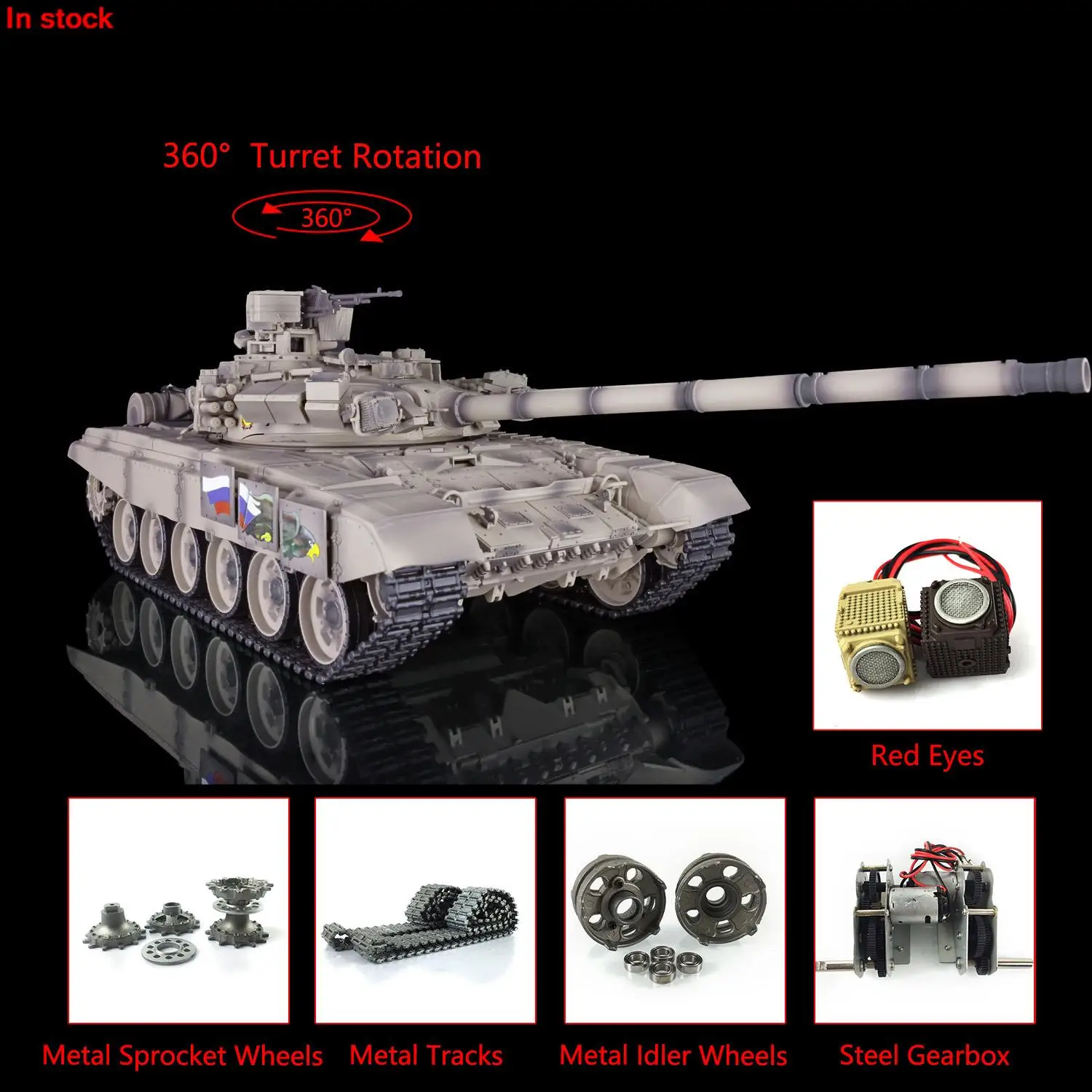 HENG LONG 1/16 Yellow 7.0 Upgraded Russia T90 RC Tank 3938 360° Turret Red Eyes Speaker Bearing Smoking BB Shooting TH17864-SMT4