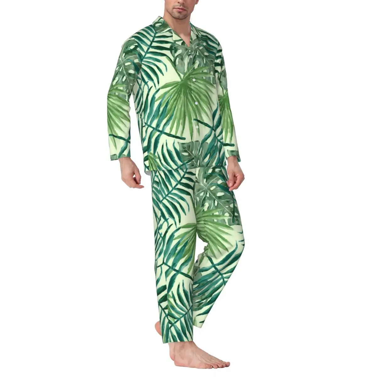 

Pajamas Male Green Leaf Print Bedroom Nightwear Palm leaves 2 Pieces Pajama Sets Long Sleeves Comfortable Oversize Home Suit