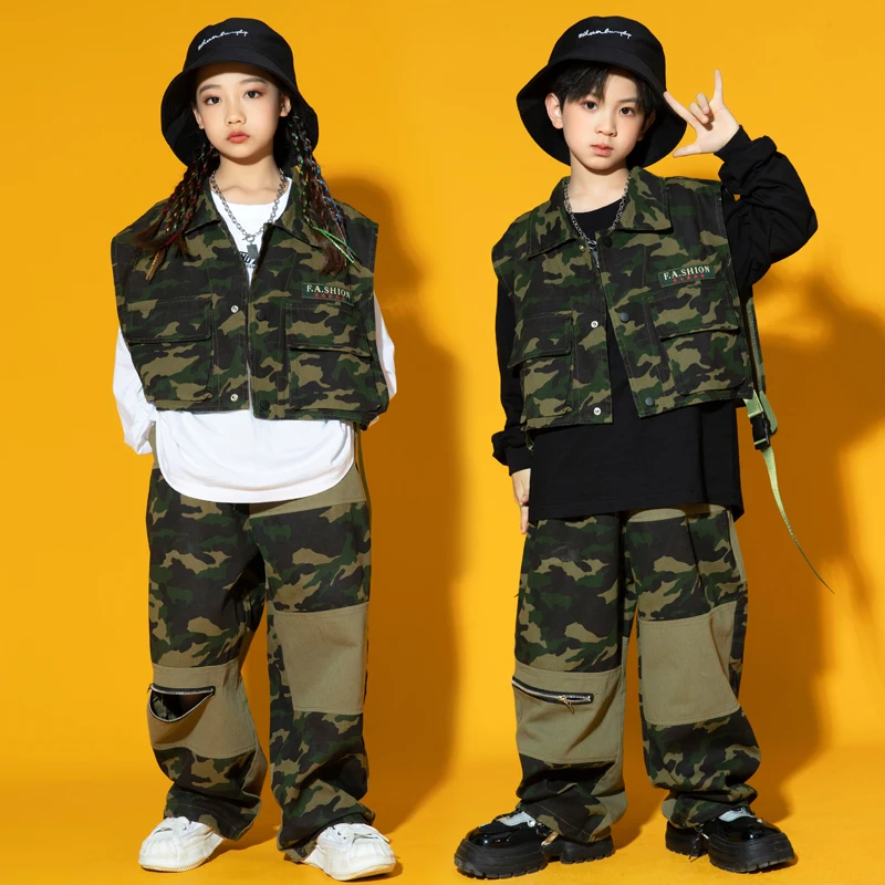 Bambini Kpop Streetwear Hip Hop abbigliamento Camo Vest Shirt top pantaloni Cargo per ragazze ragazzi Jazz Dance Costume adolescente che mostra vestiti