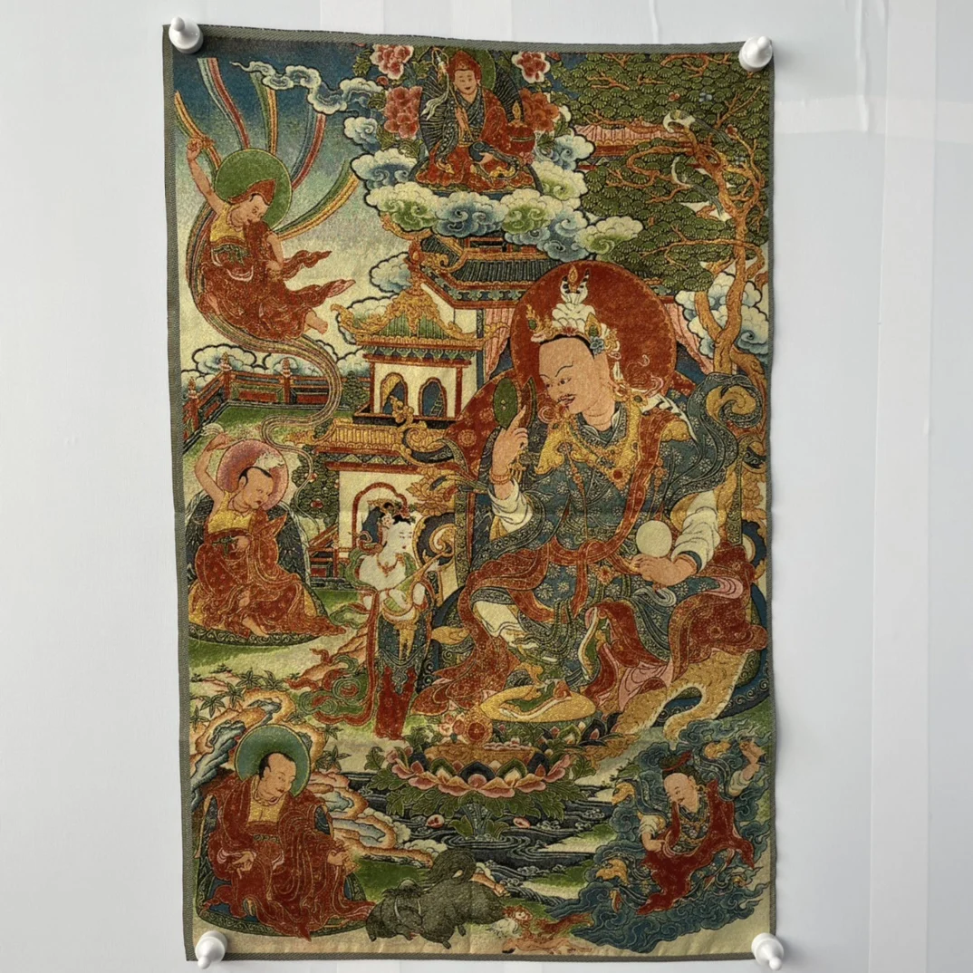 

35"Thangka Embroidery Tibetan Buddhism silk Brocade Guru Rinpoche Talking about Buddhism Thangka hanging screen Worship Hall