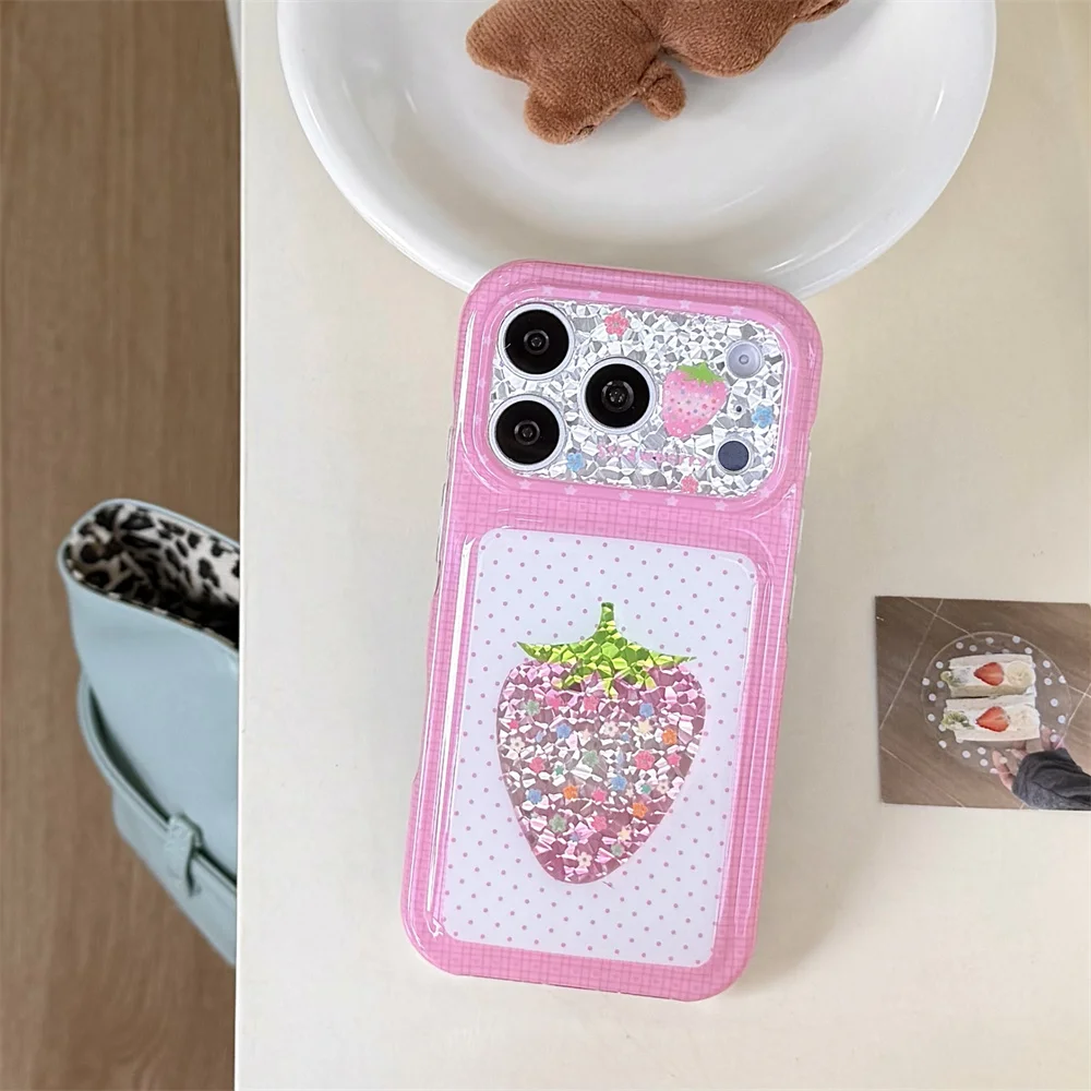 Korea Aesthetic Y2K Bling Strawberry Phone Case for iPhone 17 16 15Pro Max Glossy Pink Lattice Shockproof Protective Shell Cover