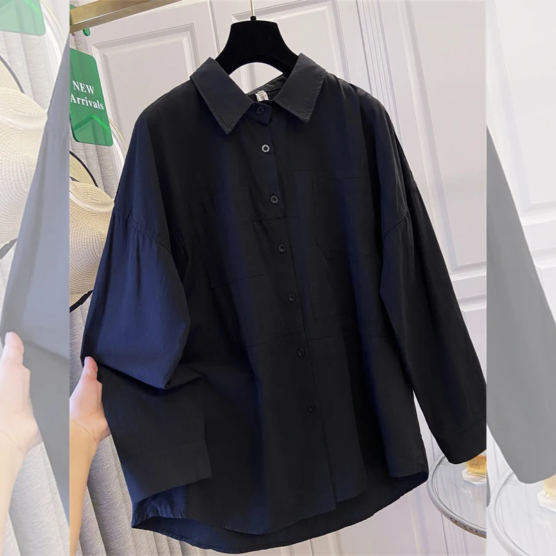 เสื้อเชิ้ตแฟชั่นทรงโอเวอร์ไซส์สำหรับฤดูใบไม้ร่วง เสื้อผู้หญิงแขนยาวหลวมๆ ปกเสื้อพับได้ เสื้อผู้หญิงลำลอง เสื้อผู้หญิง เสื้อผ้าผู้หญิง เสื้อผ้าแฟชั่นผู้หญิง