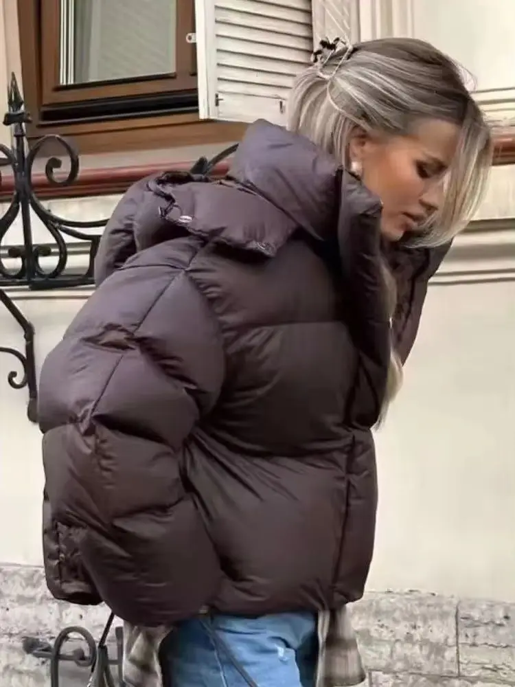 

HH Women Thick Solid Hooded Long Sleeve Cotton-Padded Jacket Stand Collar Female Winter Casual Button Zipper Streetwear Jacket