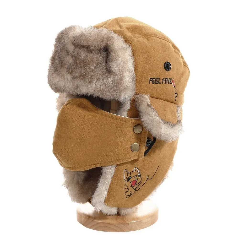 New Faux Fur Lining Trapper Hat Waterproof With Facemask Earflap Hat Warm Bomber Hat Winter Outdoor Wear