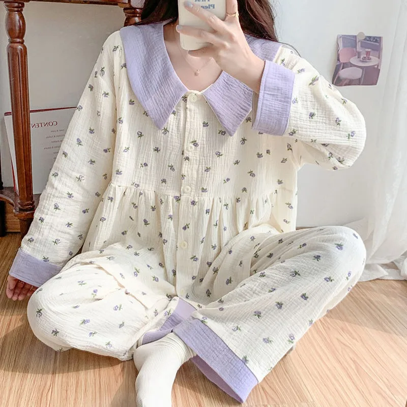 2023 New Cotton Gauze Pregnant Women\'s Flounce Pajamas Spring Autumn Postpartum Homewear Puerpera Thin Nursing Clothes Sleepwear