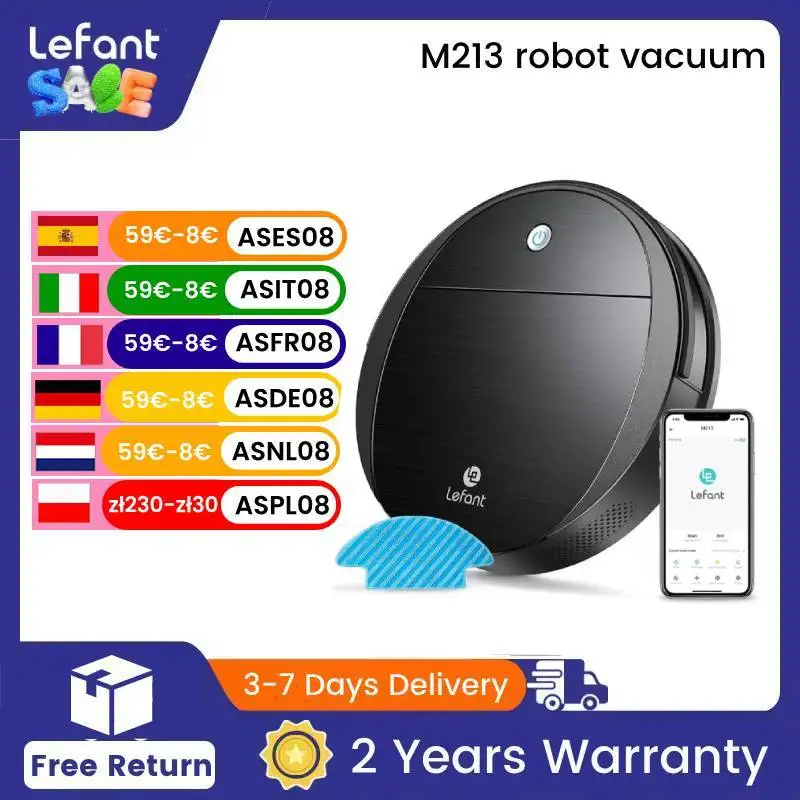 LEFANT M213 Robot Vacuum Cleaner Mini Floor Cleaner, 2200pa Strong Suction, 6D Collision Sensor, Ideal for Pet Hair, Carpet