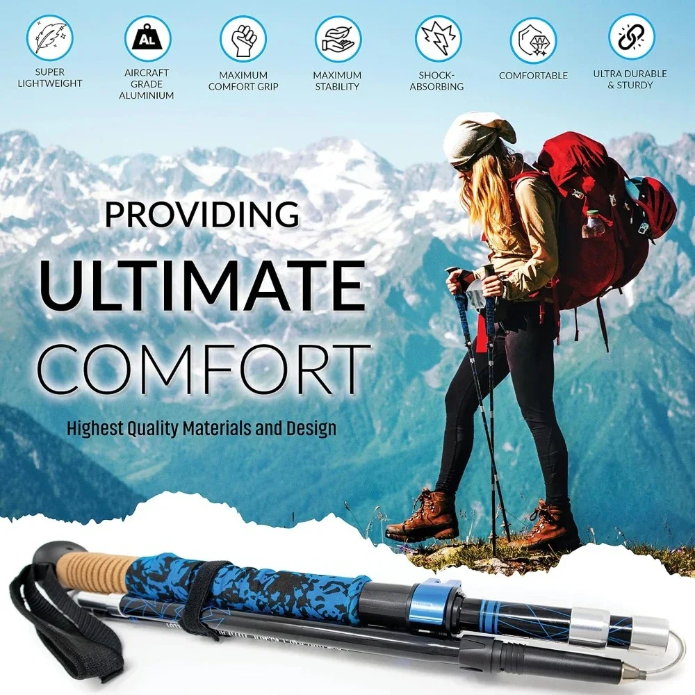 Trekking Poles for Hiking - 2 Folding Walking Sticks with Cork & Eva Grip - Lightweight Collapsible Hiking Poles