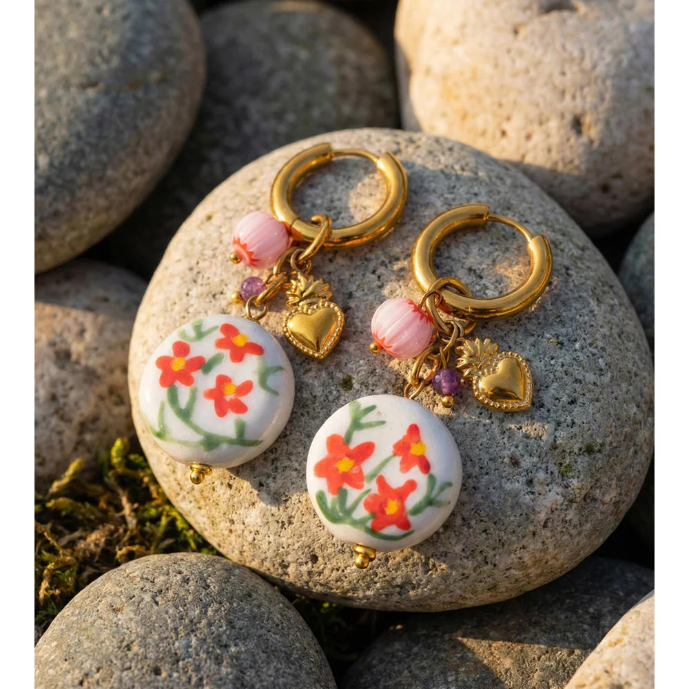 Yhpup 2026 Stainless Steel Ceramic Flower Drop Charm Earrings Spring Summer Style New Arrivals Fashion Trendy Jewelry Gift