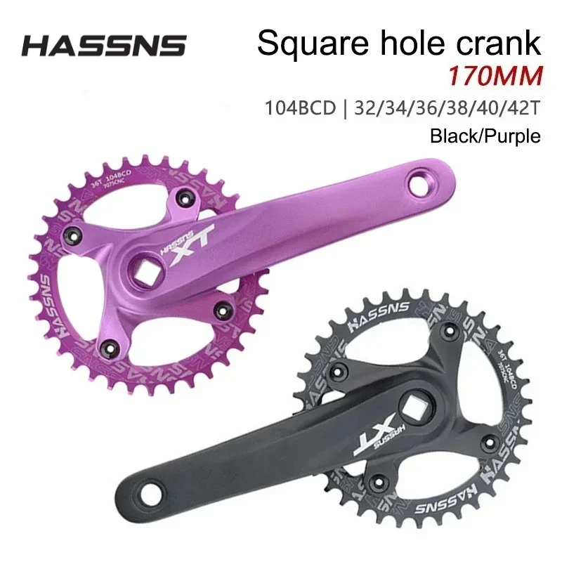 

HASSNS XT Crankset Bicycle Cranks Square Tip Crank Mtb 104 Bcd Mountain Bike Square Connecting Rods 170MM 32/34/36/38/40/42T