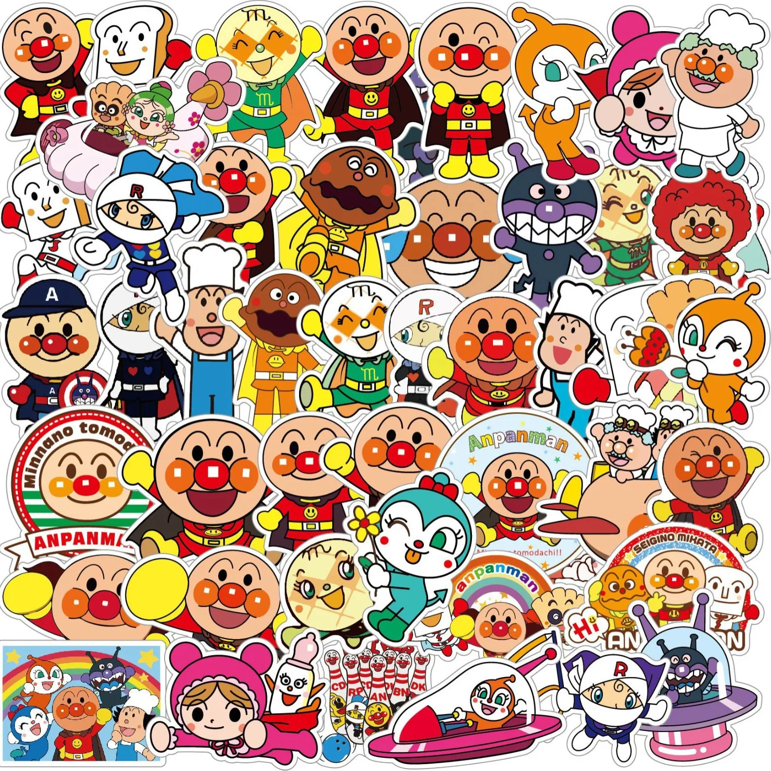 50 Stück Anpanman Aufkleber Niedliche Animations-Sticker Kinderspielzeug für Kühlschrank Gepäck Laptop Gitarre Auto Fahrrad Skateboard Graffiti-Aufkleber