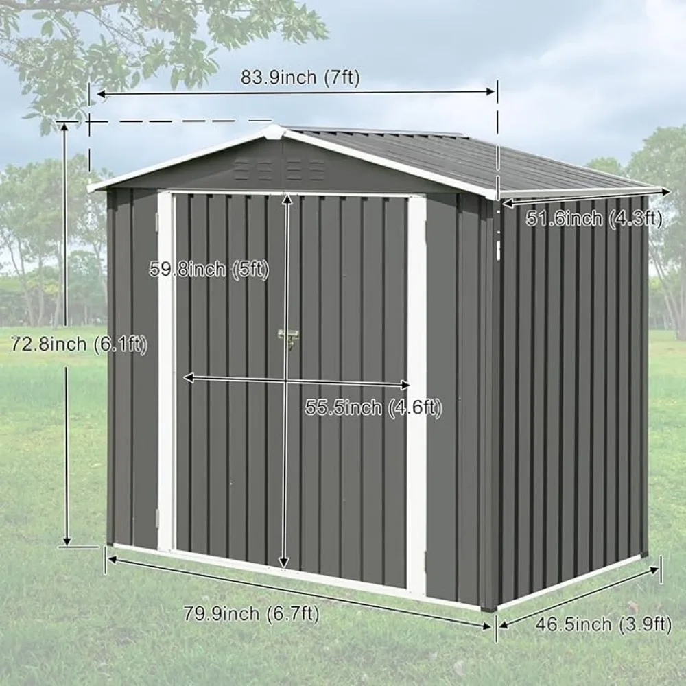 Cobertizo de almacenamiento al aire libre de Metal, herramienta de utilidad portátil, caja de cobertizo exterior impermeable, Casa Grande para jardín trasero, gris, 4,2x7 pies