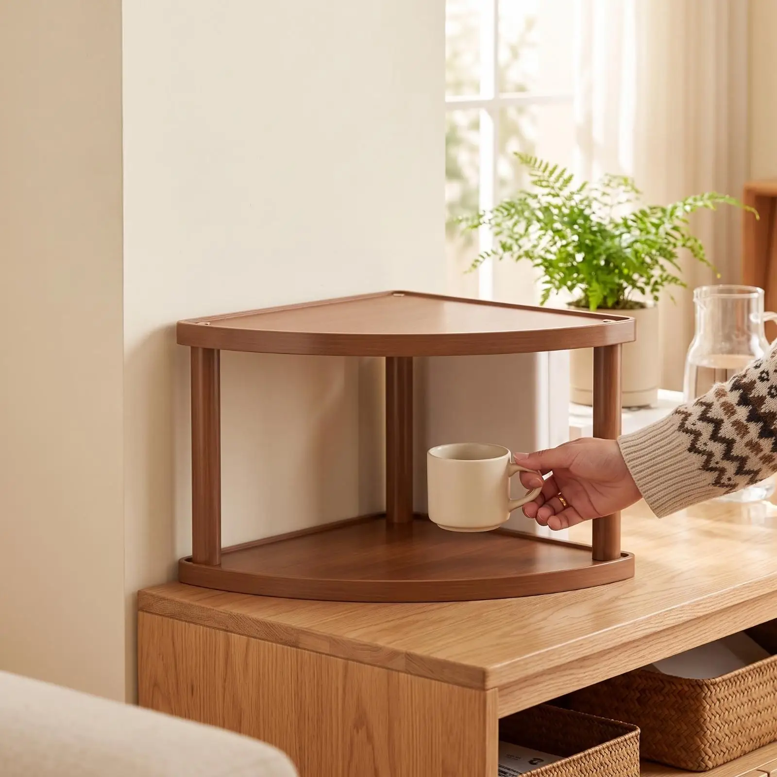 Corner Coffee Organizer Shelf for Kitchen Counter Bamboo Composite Storage Rack with Open Display Design for Desk Tidiness