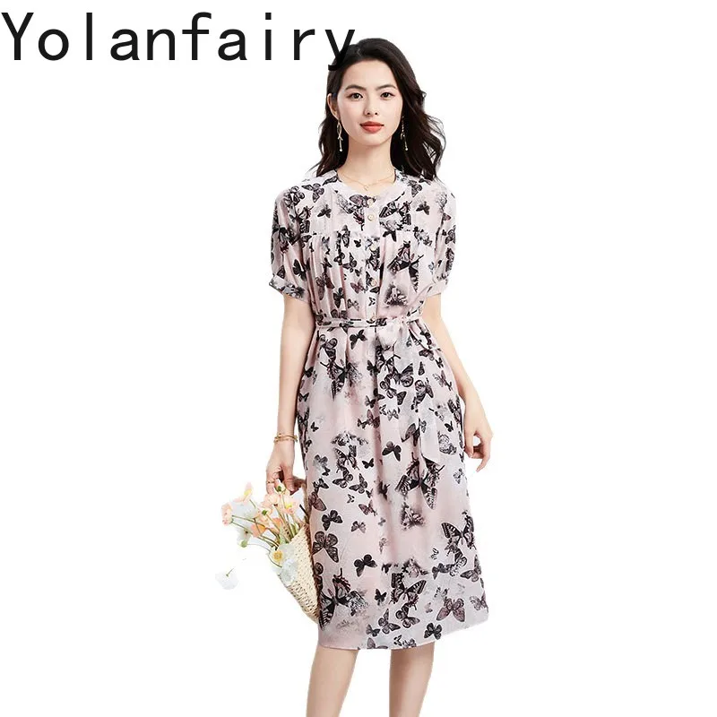 

YOLANFAIRY 100% Genuine Mulberry Silk Summer Dresses 2025 Woman High-end Round Neck Loose Ladies Dresses Lace-up Beach Dress